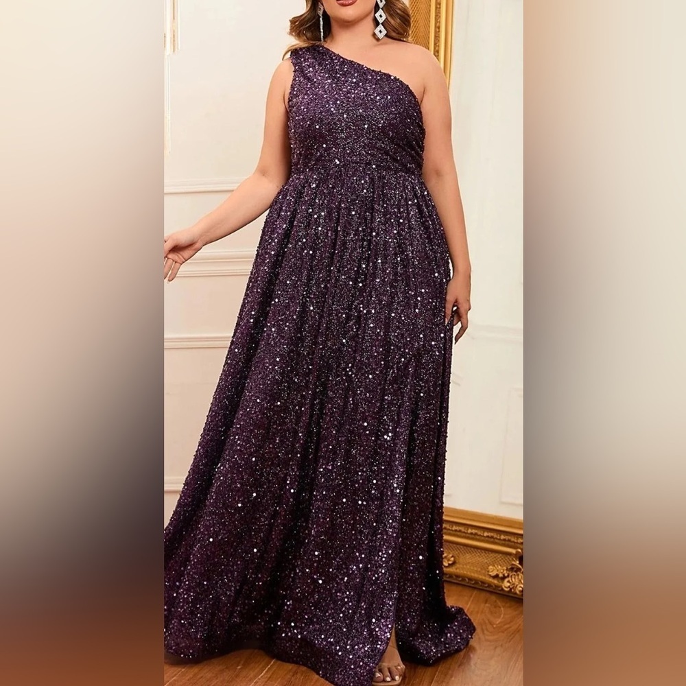 Plus One Shoulder Sleeveless Sequin A Line Dress. - Picture 3 of 5